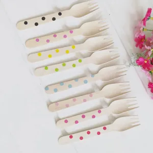 16cm disposable wooden forks with colorful polka dots, perfect for kids birthday cake parties.