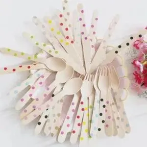 Disposable Wooden Cutlery Set Polka Dot Party Fork Spoon Knife Kids Birthday Cake Tableware Minimalist Style