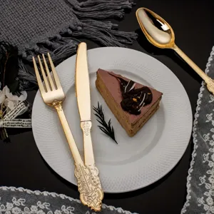 Ensemble de couverts en plastique dore jetables, elegante fourchette couteau cuillere gateau