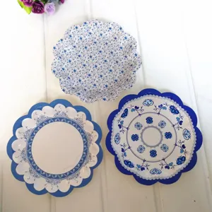 18cm blauw witte porselein wegwerp papieren borden, retro bloem feest huwelijk servies.