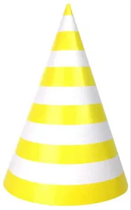 Yellow and white striped paper party hat detail shot, conical shape for celebrations.