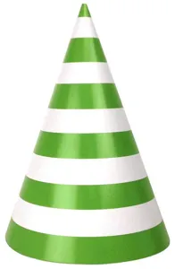 Close up detail view of a green and white striped paper party hat, cone shape design.