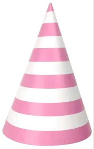 Pink white striped paper party hat for kids adults birthday celebrations and events.
