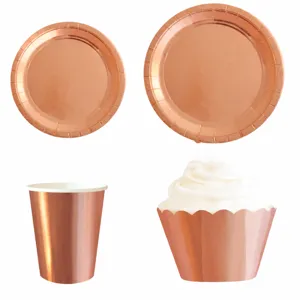 Set de Vaisselle Jetable en Papier Or Rose Fournitures de Fête Assiettes Gobelets Paille pour Anniversaire Mariage