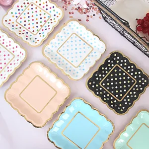 Disposable Square Paper Plates With Gold Foil Polka Dot Design For Birthday Party Cake Dessert Serving Tableware