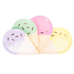 Pastel ice cream shaped paper plates detail showing cute sprinkle patterns for party decor.