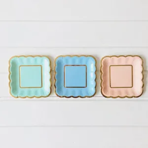 Disposable square paper plates with gold foil trim, colorful party cake plates set of three.