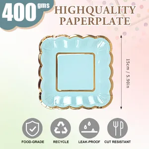 Disposable square paper plate with elegant gold rim, light blue party tableware for cakes.