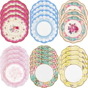 Retro Floral Disposable Paper Plates Gold Trim Chinese Style Dinnerware Party Tableware For Wedding Birthday Celebration