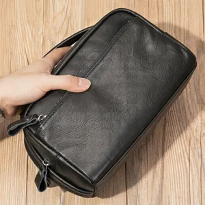 Schwarze Kulturbeutel Handtasche aus echtem Leder fuer Herren Business Reise Organizer.