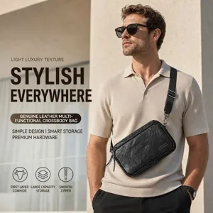 Herren Echtleder Umhaengetasche vielseitige Freizeit Schultertasche mit Reissverschluss.