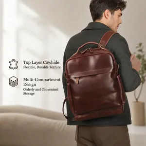 Vintager Business Rindsleder Rucksack mit mehreren Fächern für Herren Reise und Arbeit.
