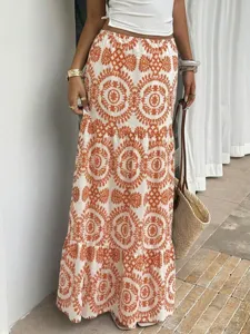 Bohemian floral printed long tiered maxi skirt detail, casual summer vacation beach wear.