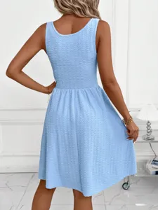 Light blue textured sleeveless mini dress back view, elegant summer apparel detail shot.