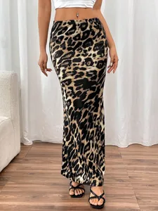 Leopard print maxi skirt for women, high waist sexy slim long bodycon skirt fashion style