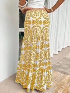 Women bohemian print maxi skirt summer beach long skirt casual vacation high waist white yellow