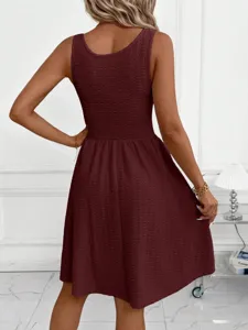 Back detail view of solid color textured sleeveless casual tank dress, summer fashion apparel.