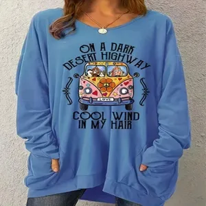 Damen Übergröße Grafik Sweatshirt Lässig Lose Langarm Top Mit Tasche Polyester Bedruckt Rundhals Pullover Mode Kleidung