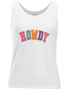 Close-up detail of white women tank top featuring colorful HOWDY lettering print on the front chest.