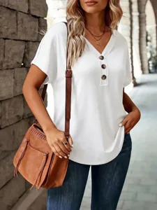 Casual white v-neck short sleeve top detail shot, minimalist button design for daily wear.