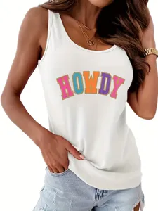 Close-up detail of the white summer tank top featuring colorful HOWDY letter print graphic.