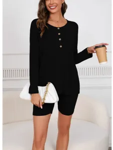 Dames casual geribbelde gebreide loungewear set met lange mouwen top en korte broek