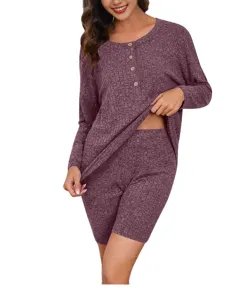 Vrouwen geribbelde gebreide tweedelige loungewear set met lange mouwen top en korte broek