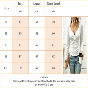 Size chart for cross V-neck long sleeve top with bust, length and sleeve dimensions.