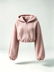 Detailed view of the pink fluffy sherpa fleece fabric, zipper closure, and cinched cuffs.
