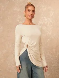 Chic women's long sleeve asymmetrical metal buckle slit slim fit top for daily stylish wear