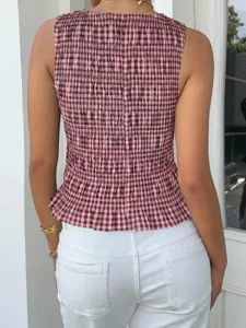 Top smock elegante a quadri rosa e marrone, canotta estiva slim senza maniche casual.