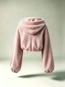 Pink sherpa fleece crop hoodie detail showing back design, cozy textured winter hoodie top.