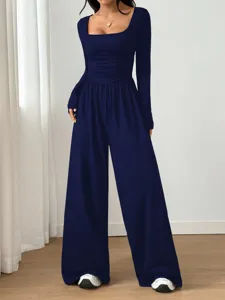 Solid square neck long sleeve wide leg jumpsuit for women elegant casual daily wear