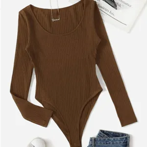 Women's Sexy Ribbed Bodysuit Crew Neck Long Sleeve Slim Fit Bodycon Top Spring Summer Solid Color Ribbed Knit Jumpsuit