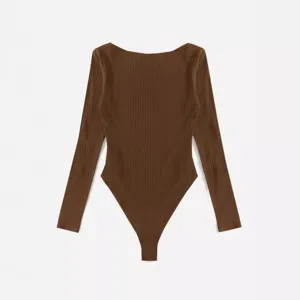 Solid ribbed crewneck long sleeve bodysuit for women, comfortable everyday casual wear.