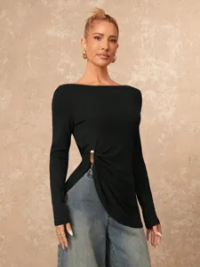 Slim fit black long sleeve top featuring an irregular metal buckle and stylish side slit detail.