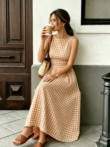 Summer brown gingham smocked waist midi dress lifestyle detail view, elegant sleeveless design.
