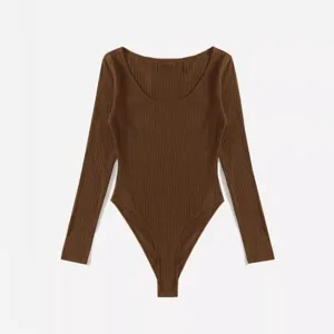 Solid ribbed crew neck long sleeve bodysuit for women, casual slim fit top main view.