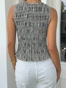 Donna estate nero bianco quadri senza maniche girocollo slim fit smocked tops casual