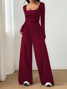 Women long sleeve square neck wide leg jumpsuit solid casual elegant wine red outfit