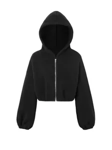 Black sherpa fleece zip-up hoodie for women, cozy cropped thermal winter outerwear.