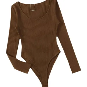 Women brown ribbed long sleeve bodysuit solid color crew neck casual slim fit top apparel