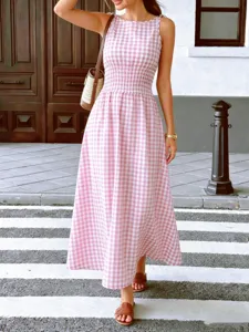 Summer pink gingham sleeveless maxi dress with smocked waist, elegant and slim fit style.