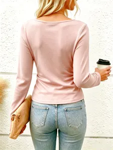 Women casual solid color long sleeve top elegant basic tee stylish autumn daily wear