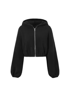 Black sherpa fleece zip-up cropped hoodie for women casual winter warm fashion outerwear