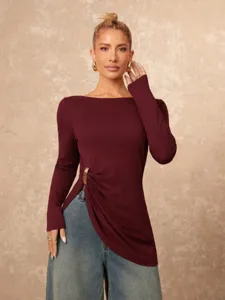Elegant burgundy long sleeve top featuring an irregular metal buckle split design for women.