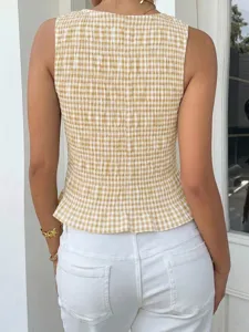 Estate donna giallo vichy smock senza maniche canotta slim fit top elegante chic mod.