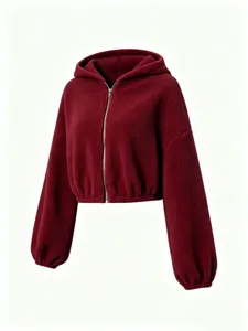 Burgundy cropped fleece zip-up hoodie for women, cozy winter long sleeve hooded jacket