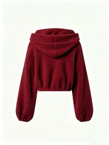 Burgundy sherpa fleece cropped hoodie back view showing relaxed fit and cinched hem details.