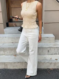 Estate Donna Top Senza Maniche Girocollo Arricciato a Quadri Moda Vestibilità Slim